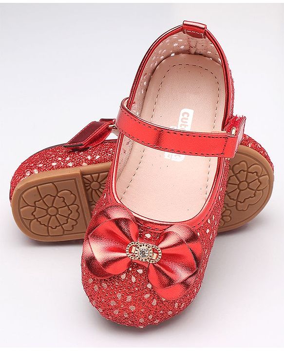 Cute Walk By Babyhug Belly Shoes Studded Bow Applique - Red