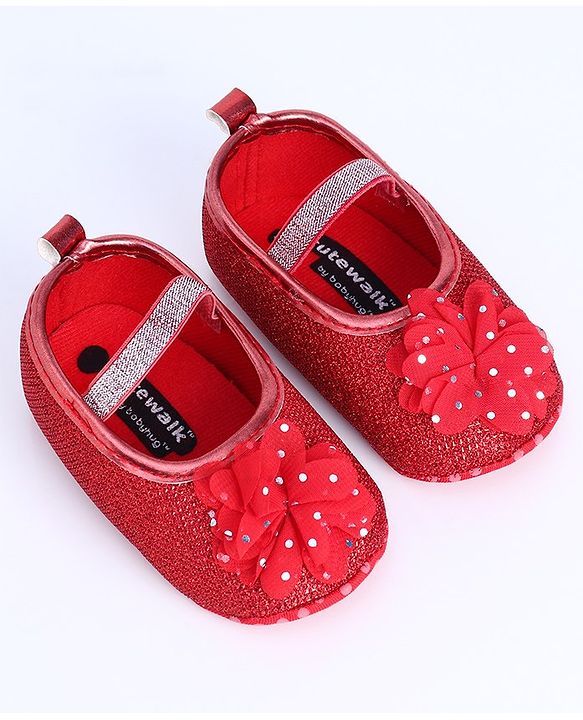 Cute Walk by Babyhug Party Wear Booties Floral Appliques - Red