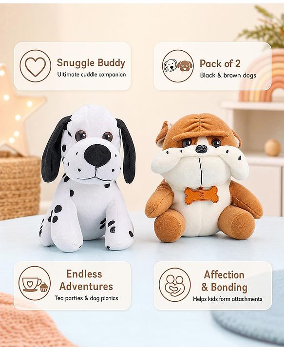 Babyhug Dog Soft Toy Pack of 2 Black Brown - Height 15 cm