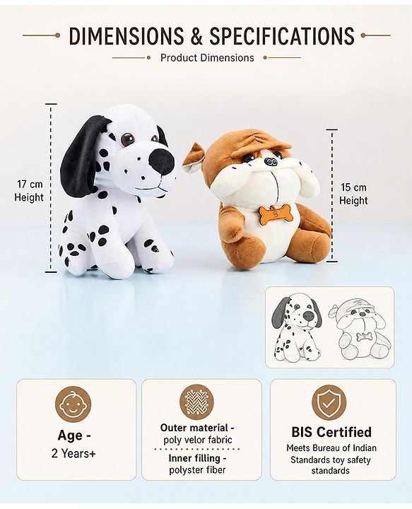 Babyhug Dog Soft Toy Pack of 2 Black Brown - Height 15 cm