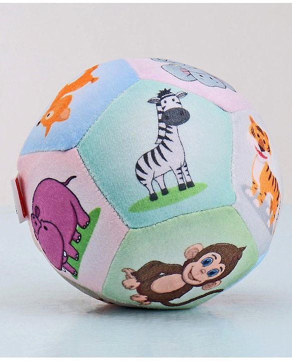 Babyhug Colorful Wild Animals Soft Ball with Gentle Rattle Sound & Animal Prints|Plush ball for Sensory Play, Motor Skill & Visual Development|Lightweight,Travel-Friendly|2+ Months|BIS|Height-13cm