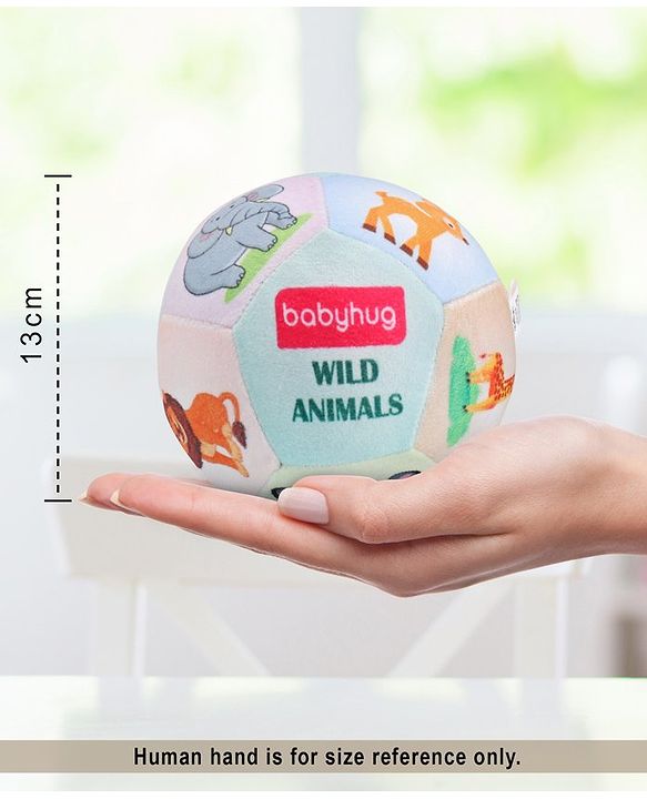 Babyhug Colorful Wild Animals Soft Ball with Gentle Rattle Sound & Animal Prints|Plush ball for Sensory Play, Motor Skill & Visual Development|Lightweight,Travel-Friendly|2+ Months|BIS|Height-13cm