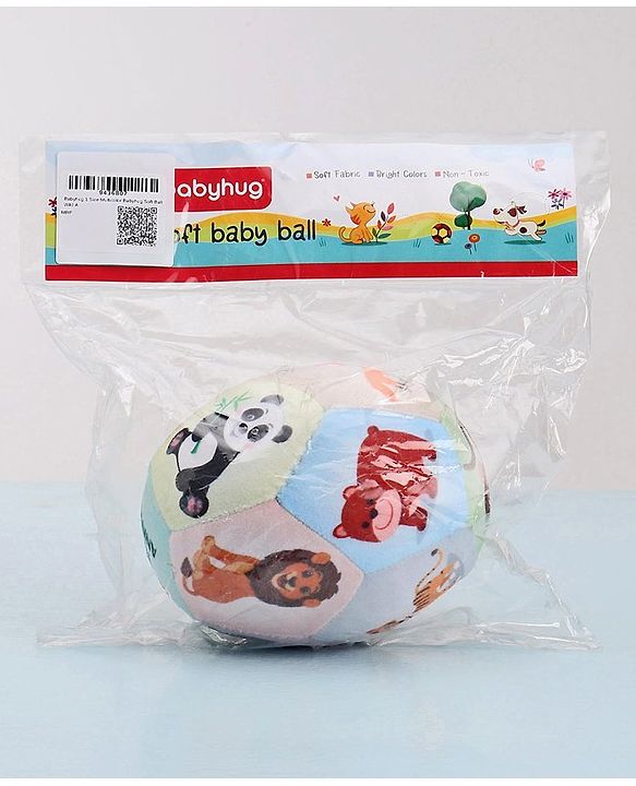 Babyhug Colorful Wild Animals Soft Ball with Gentle Rattle Sound & Animal Prints|Plush ball for Sensory Play, Motor Skill & Visual Development|Lightweight,Travel-Friendly|2+ Months|BIS|Height-13cm