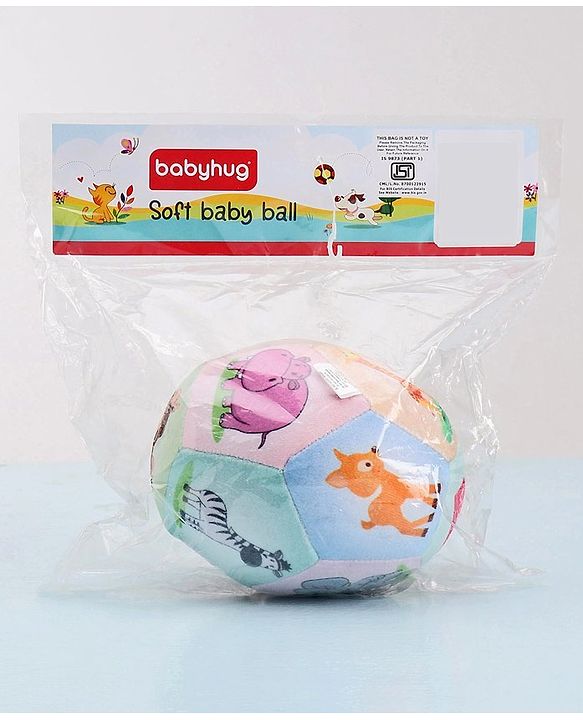 Babyhug Colorful Wild Animals Soft Ball with Gentle Rattle Sound & Animal Prints|Plush ball for Sensory Play, Motor Skill & Visual Development|Lightweight,Travel-Friendly|2+ Months|BIS|Height-13cm