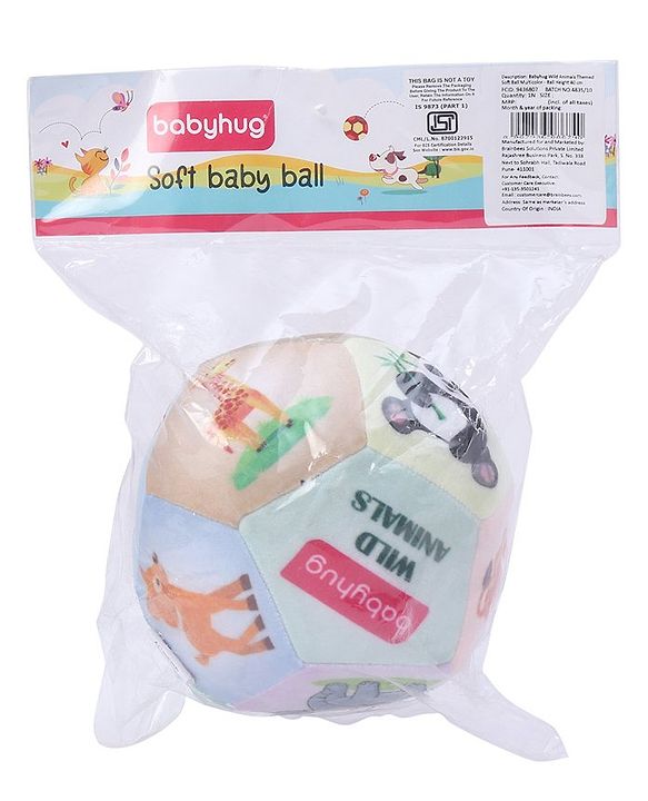Babyhug Colorful Wild Animals Soft Ball with Gentle Rattle Sound & Animal Prints|Plush ball for Sensory Play, Motor Skill & Visual Development|Lightweight,Travel-Friendly|2+ Months|BIS|Height-13cm