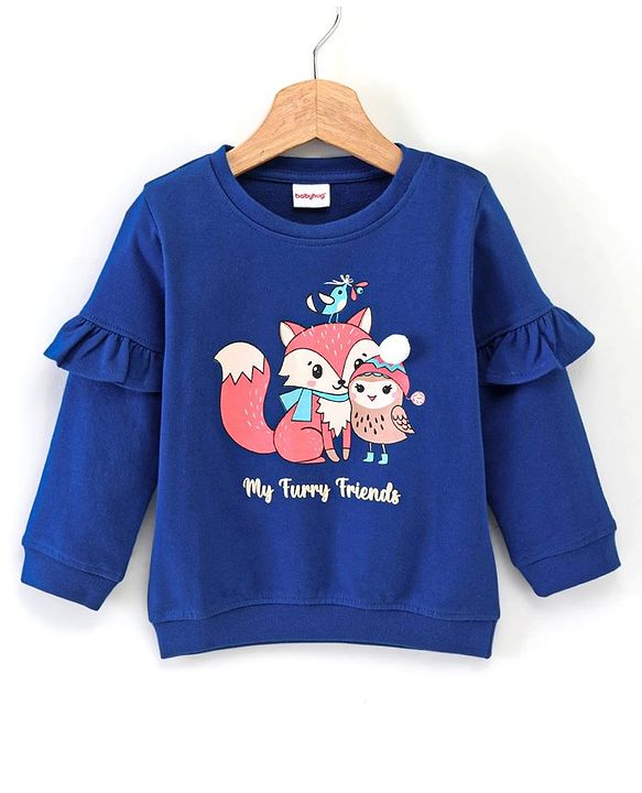 Babyhug Full Sleeves with Frill Sweatshirt Furry Friends Print - Navy