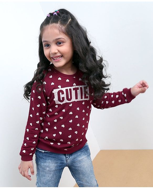 Babyhug Full Sleeves Pull Over SweatShirt Heart Print - Maroon