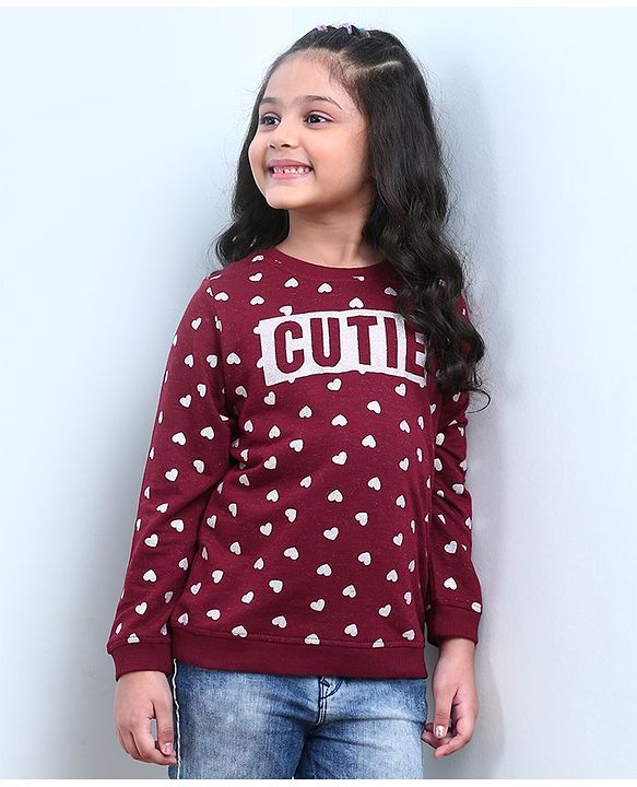 Babyhug Full Sleeves Pull Over SweatShirt Heart Print - Maroon