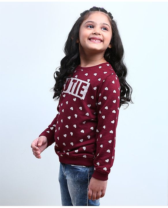Babyhug Full Sleeves Pull Over SweatShirt Heart Print - Maroon