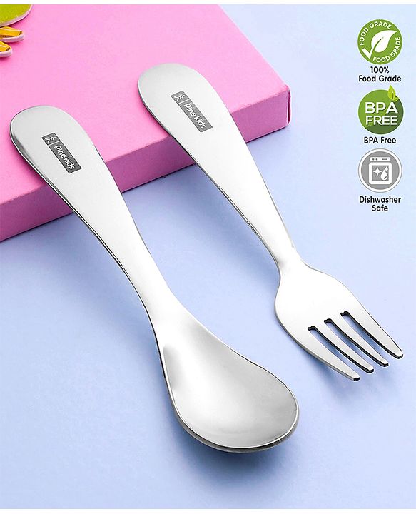 Pinekids Stainless Steel Spoon & Fork Set - Grey