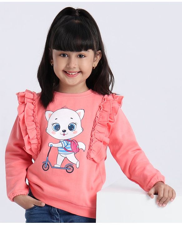 Babyhug Full Sleeves Sweatshirt Graphic Kitty Print - Peach