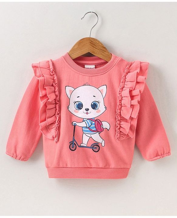 Babyhug Full Sleeves Sweatshirt Graphic Kitty Print - Peach
