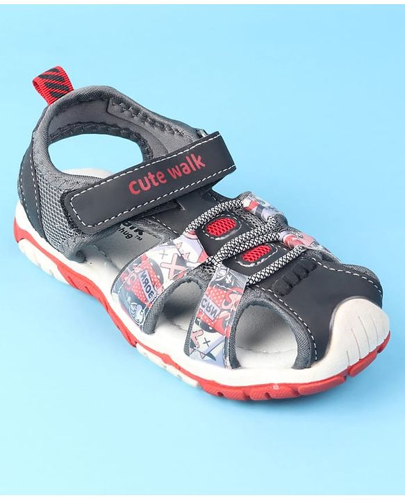 Cute Walk by Babyhug Velcro Closure Printed Sandals - Red & Black