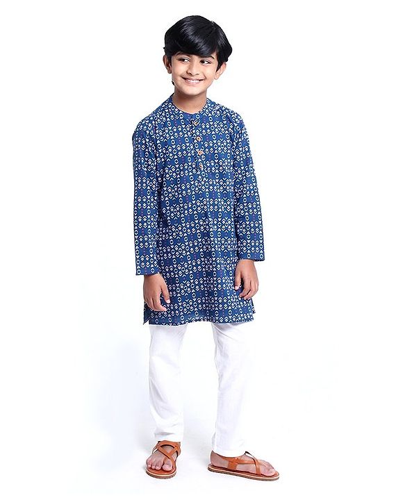 Pine Kids Full Sleeve Boys Kurta Pyjama Set with Cotton Lining Self Printed - Blue Sapphire