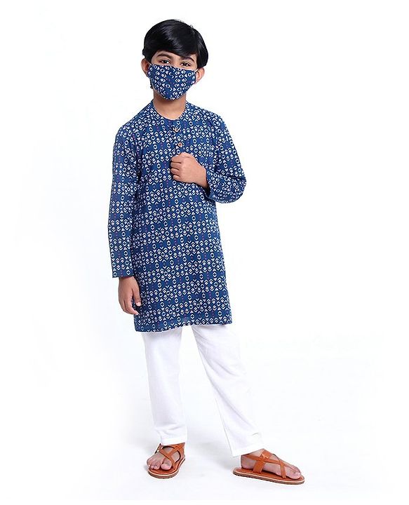 Pine Kids Full Sleeve Boys Kurta Pyjama Set with Cotton Lining Self Printed - Blue Sapphire