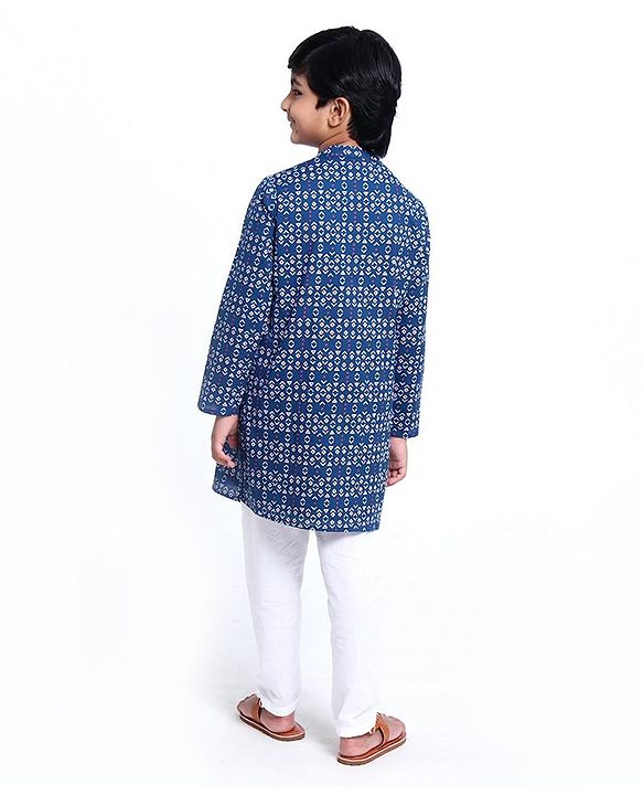 Pine Kids Full Sleeve Boys Kurta Pyjama Set with Cotton Lining Self Printed - Blue Sapphire