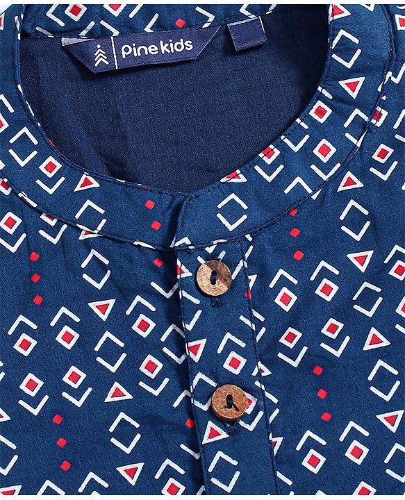Pine Kids Full Sleeve Boys Kurta Pyjama Set with Cotton Lining Self Printed - Blue Sapphire