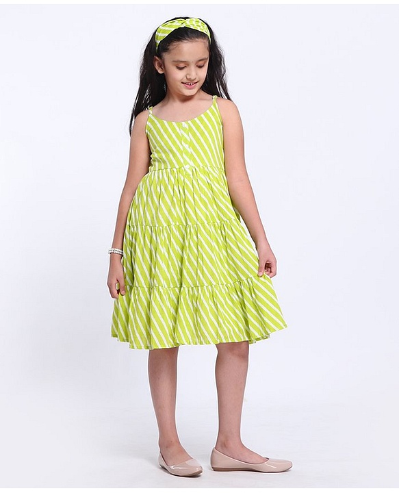 Pine Kids Sleeveless Printed Ethnic Dress with Hairband - Lime Punch