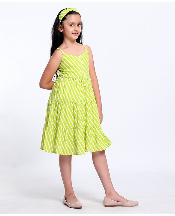Pine Kids Sleeveless Printed Ethnic Dress with Hairband - Lime Punch