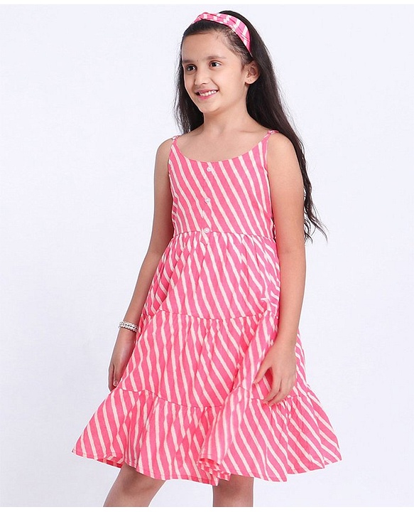 Pine Kids Singlet Stripe Ethnic Dress with Hairband - Pink