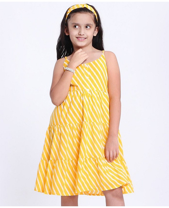 Pine Kids Sleeveless Printed Ethnic Dress with Hairband - Yellow