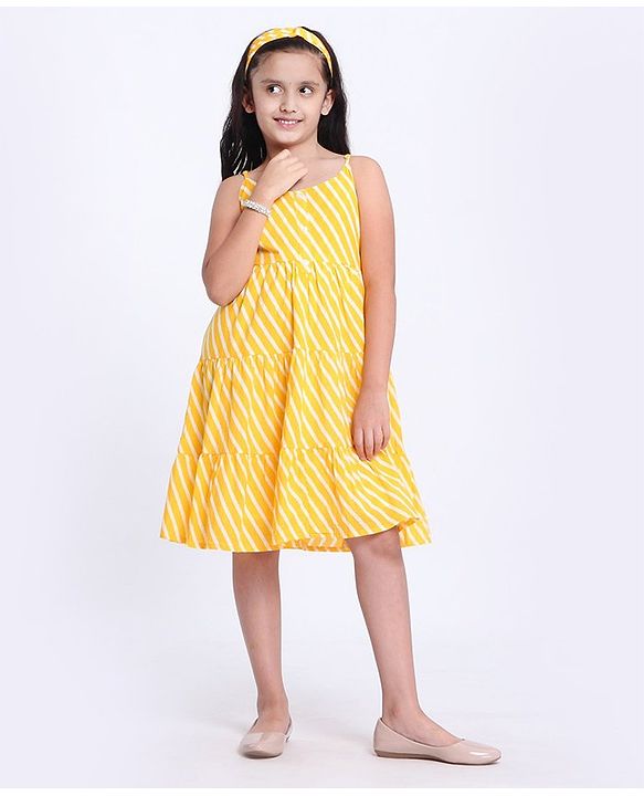 Pine Kids Sleeveless Printed Ethnic Dress with Hairband - Yellow