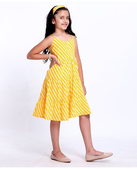 Pine Kids Sleeveless Printed Ethnic Dress with Hairband - Yellow