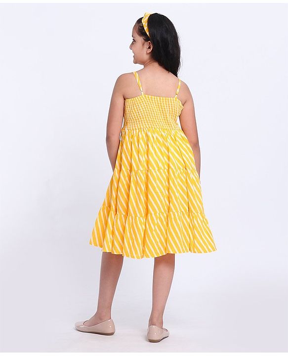 Pine Kids Sleeveless Printed Ethnic Dress with Hairband - Yellow