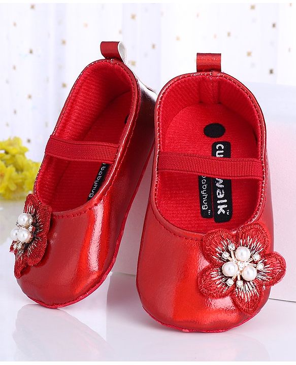 Cute Walk by Babyhug Party Wear Booties Floral Appliques - Red