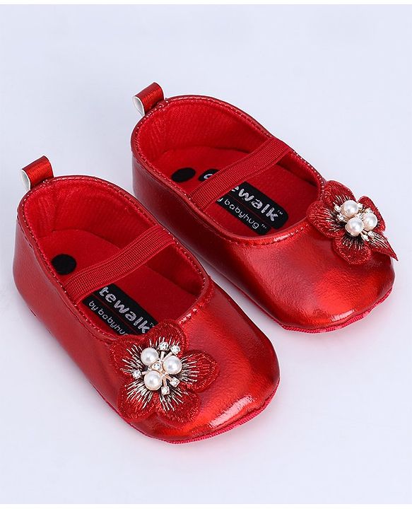 Cute Walk by Babyhug Party Wear Booties Floral Appliques - Red