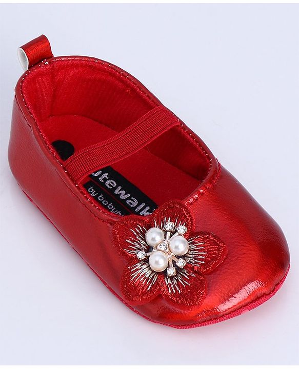 Cute Walk by Babyhug Party Wear Booties Floral Appliques - Red