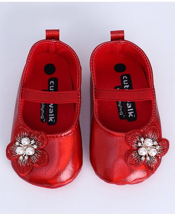 Cute Walk by Babyhug Party Wear Booties Floral Appliques - Red