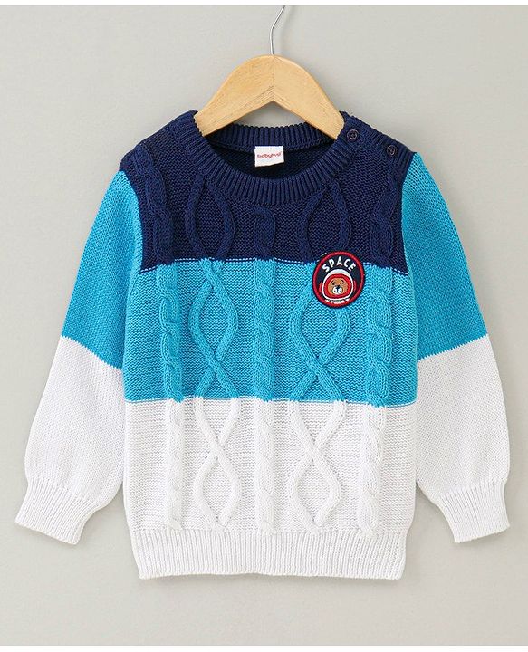 Babyhug Full Sleeves Sweater Bear Embroidery - Blue White