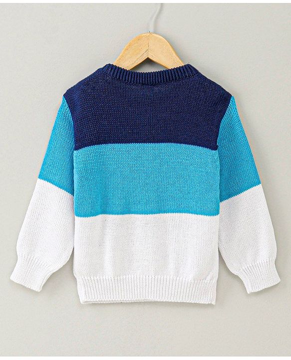 Babyhug Full Sleeves Sweater Bear Embroidery - Blue White