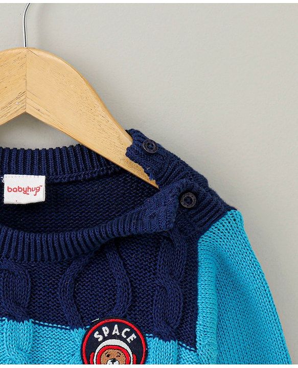 Babyhug Full Sleeves Sweater Bear Embroidery - Blue White