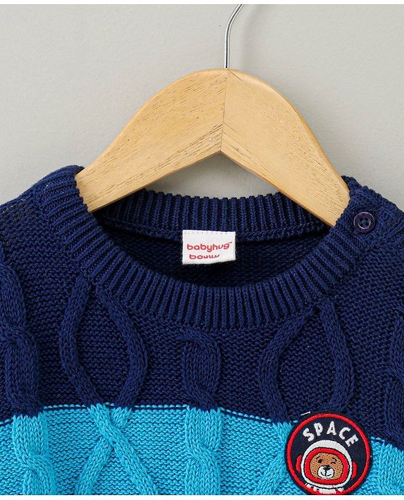 Babyhug Full Sleeves Sweater Bear Embroidery - Blue White