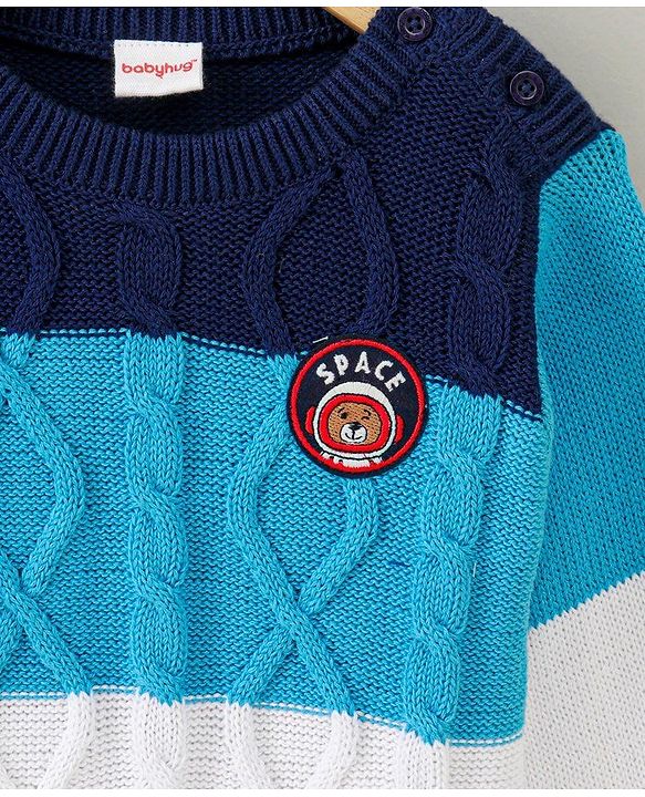 Babyhug Full Sleeves Sweater Bear Embroidery - Blue White
