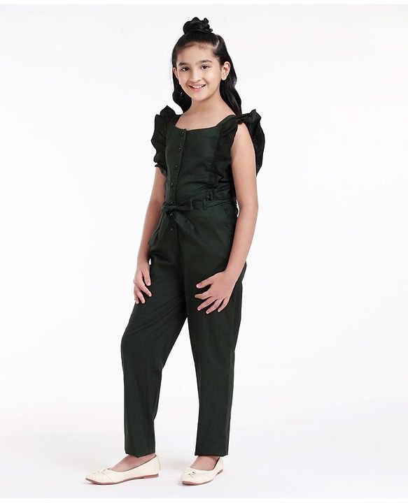 Pine Kids Ruffle Sleevesless Softner Wash Jumpsuit Solid Color - Green
