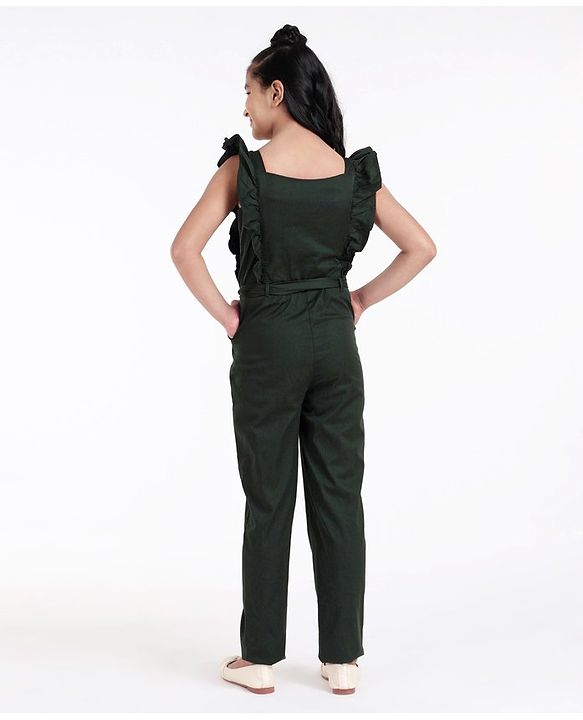 Pine Kids Ruffle Sleevesless Softner Wash Jumpsuit Solid Color - Green