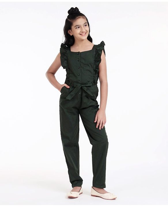 Pine Kids Ruffle Sleevesless Softner Wash Jumpsuit Solid Color - Green