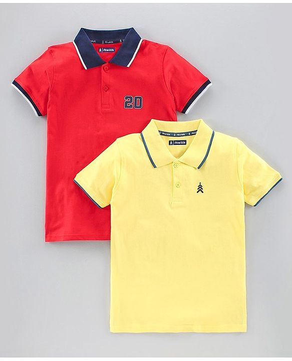Pine Kids Half Sleeves Bio Washed T-Shirt Pack of 2 - GOLF FINCH & Fiery Red