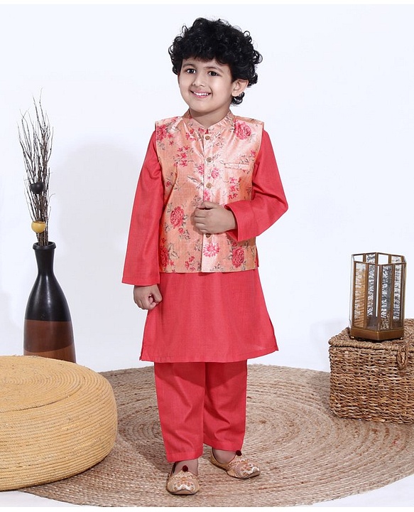 Babyhug Full Sleeves Kurta Pyjama Set with Modi Jacket Solid - Coral Red