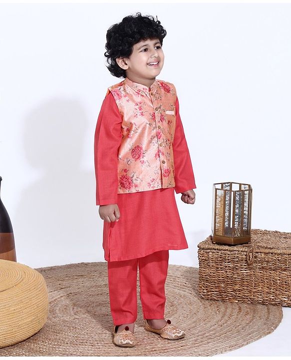 Babyhug Full Sleeves Kurta Pyjama Set with Modi Jacket Solid - Coral Red