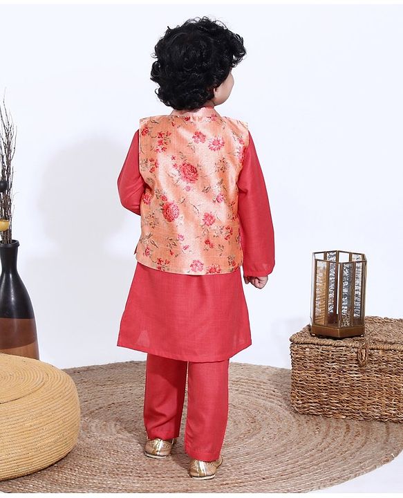 Babyhug Full Sleeves Kurta Pyjama Set with Modi Jacket Solid - Coral Red