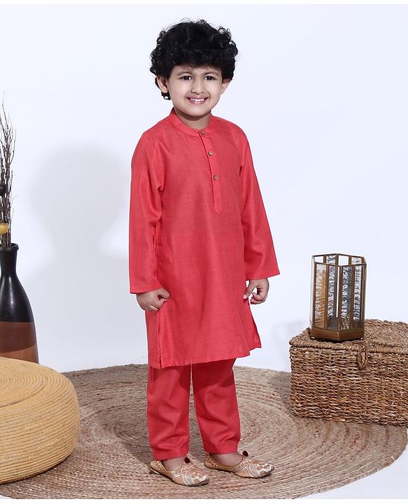 Babyhug Full Sleeves Kurta Pyjama Set with Modi Jacket Solid - Coral Red