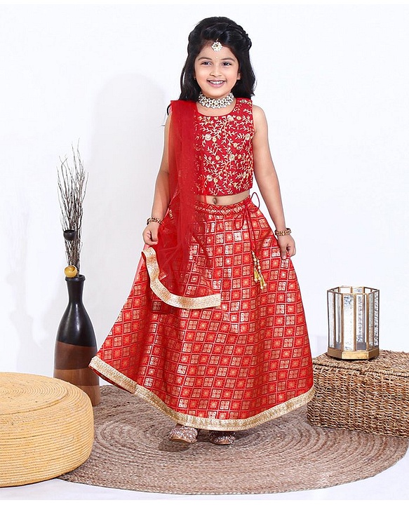 Babyhug Sleeveless Choli Lehenga Set with Dupatta Embroidered with Border Lace - Red