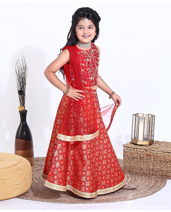 Babyhug Sleeveless Choli Lehenga Set with Dupatta Embroidered with Border Lace - Red