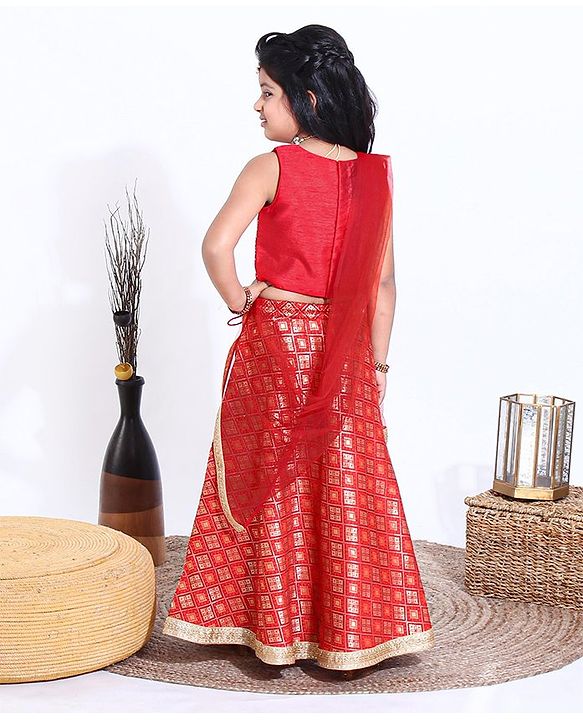 Babyhug Sleeveless Choli Lehenga Set with Dupatta Embroidered with Border Lace - Red