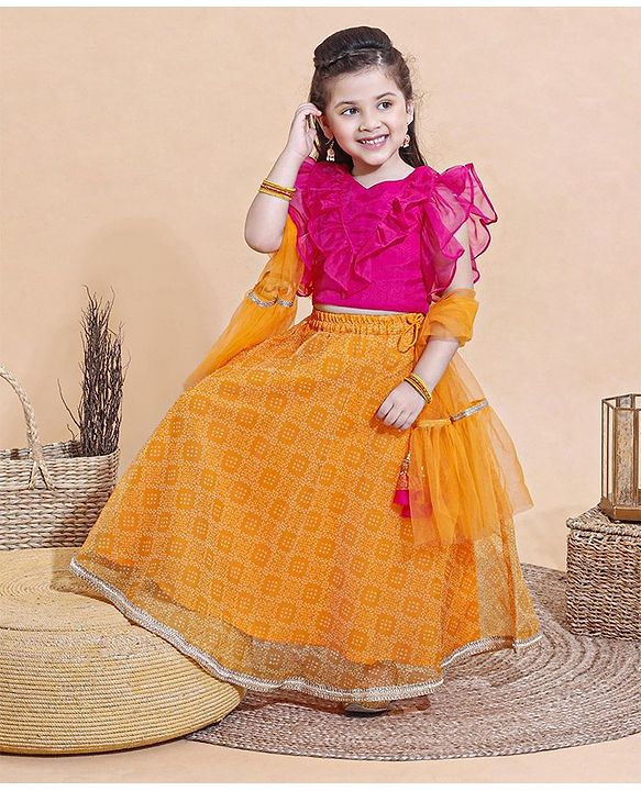 Babyhug Sleeveless Ruffled Choli and Printed Ghagra with Tassel Cords and Net Dupatta Set - Yellow
