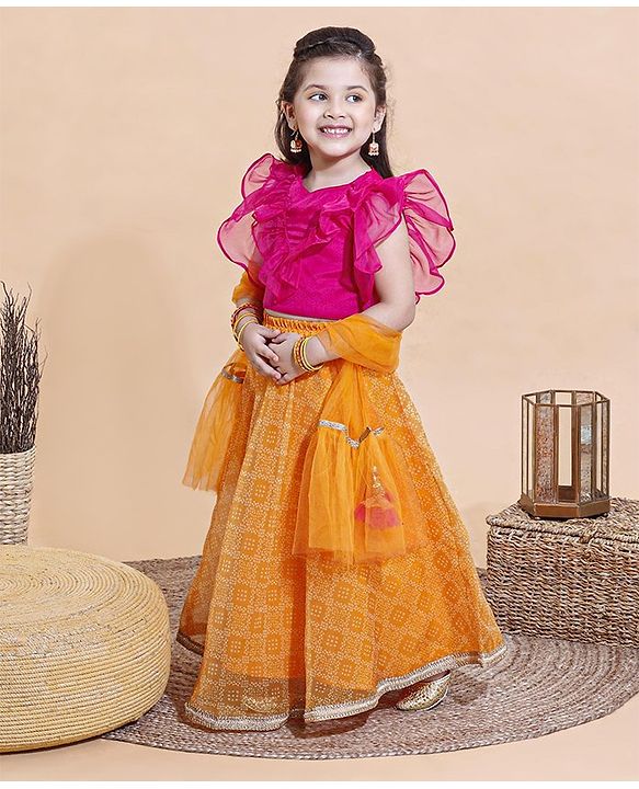 Babyhug Sleeveless Ruffled Choli and Printed Ghagra with Tassel Cords and Net Dupatta Set - Yellow